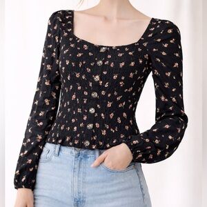 Y2K No Boundaries Floral Smocked Button Front Top 90s Black Pink Size Small